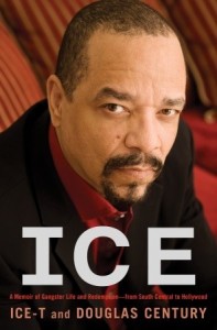 American rapper / actor Ice-T is in a dark suit with a deep red shirt, and dark tie