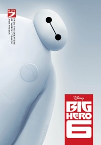 Baymax, a large puffy white robot, leans in from the left to examine the viewer