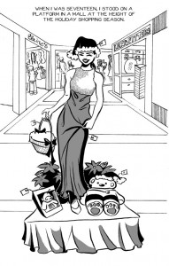 Illustration, a self conscious girl stands on a pedastal in a shop hall, surrounded by merchandise