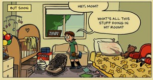 a cartoon panel of a young girl confusedly looking at her bedroom now filled with baby items