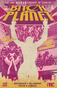 A stylized 70's sci fi logo adorns a dominant pink and yellow cover with a white female figure sticking both middle fingers up in defiance. Behind her a sea of powerfully drawn female figures, in chairs, in mobs, all ready to fight.