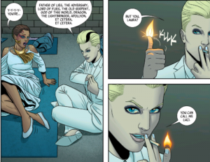 An androgynous blond woman in a white suit sparks flame from her finger to light a cigarette as she talks with a black teen in glam rock makeup 