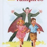 Classic early reader characters Dick and Jane laughingly run from a cartoon vampire